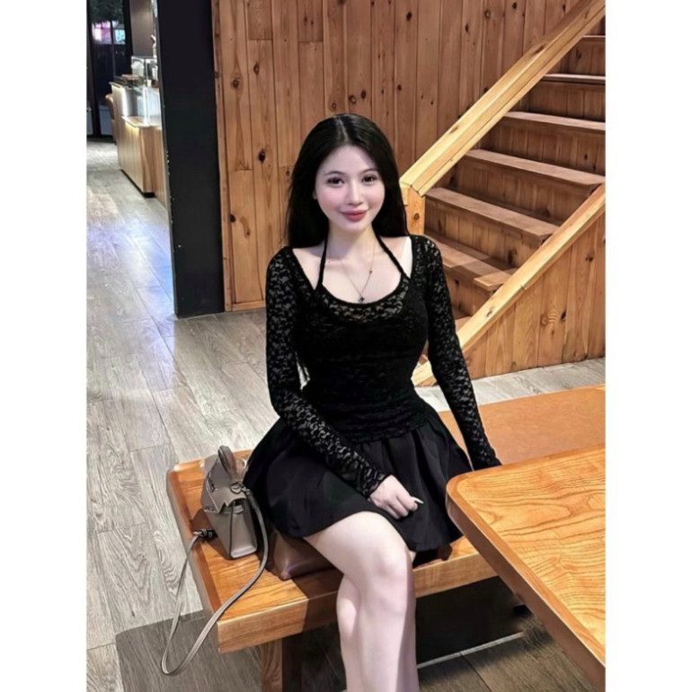 Sét áo ren tay dài cổ yếm phối chân váy xoè sang chảnh Dress Nữ /-rose /-rose /-rose