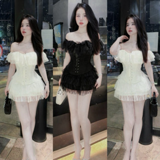 SET ÁO CORSET TRỄ VAI ĐAN DÂY CVAY REN TẦNG SANG CHẢNH