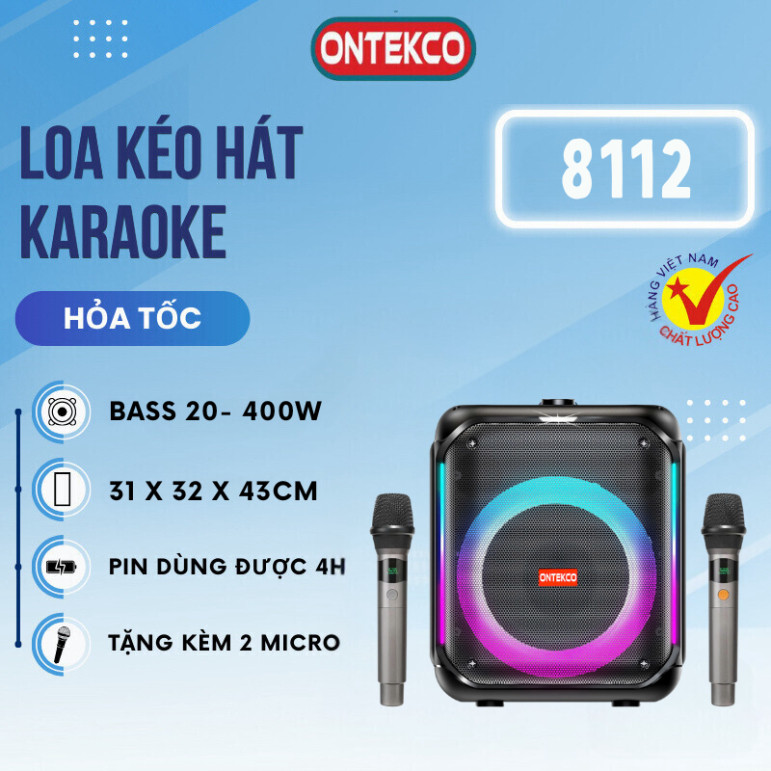 Loa xách tay ONTEKCO 8112 Bass 20 công suất 400W hát karaoke cực hay, Thiết kế nhỏ gọn. Bảo hành 12 