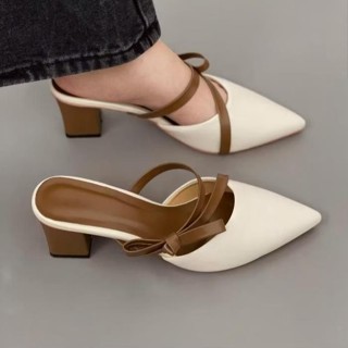 ( phom nhỏ chân đầy nâng size ) Giày sục cao gót vuông 5p và 7p bít mũi da mềm dây mảnh kết nơ chéo hông - BM133