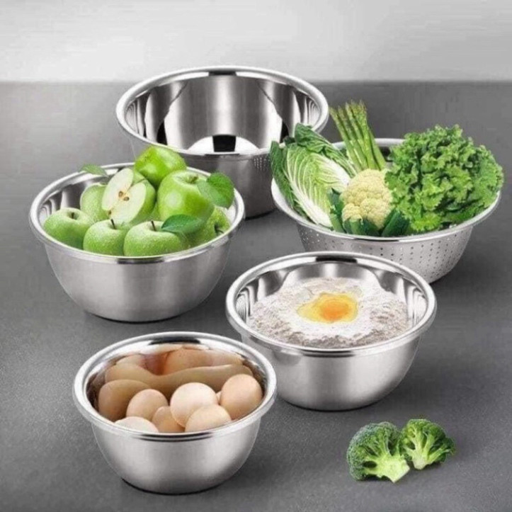 Bộ 5 rổ chậu inox 304 Cao Cấp, combo 5 chậu inox kèm rổ