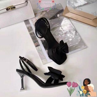 Giày sandal cao gót CGS79 cao 8 phân mũi vuông gắn nơ 2 màu đen, trắng thanh lịch quí phái,phù hợp đi tiệc,đi chơi.