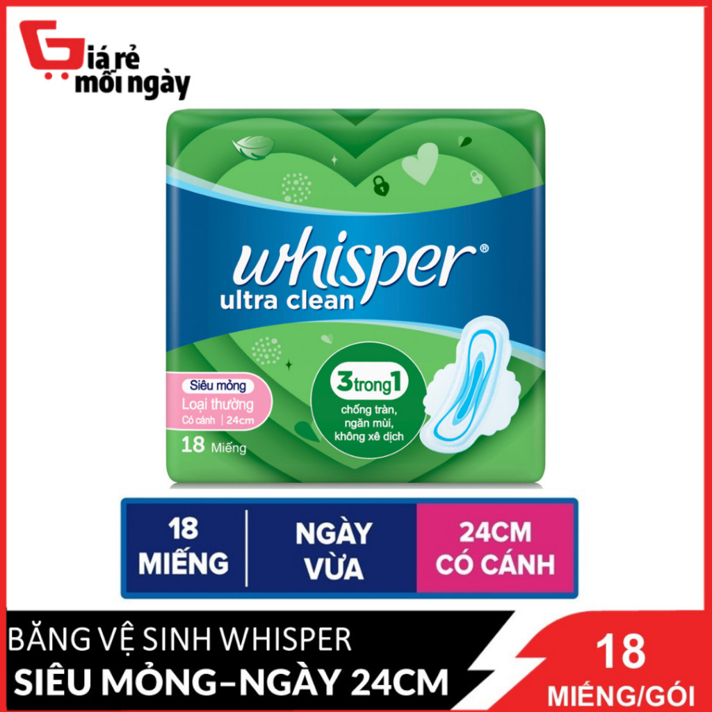 Băng vệ sinh Whisper Siêu mỏng Ngày (24cm) 18 miếng