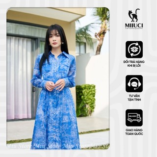 D000573 - Đầm thiết kế cao cấp hoạ tiết xanh dài tay cổ đức Miu Store