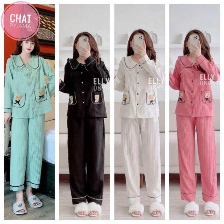 [GÂN BÈO DÀI]Bộ Pyjama Bèo Dài Gấu Viền Bèo Siêu Hot CHAT1567.