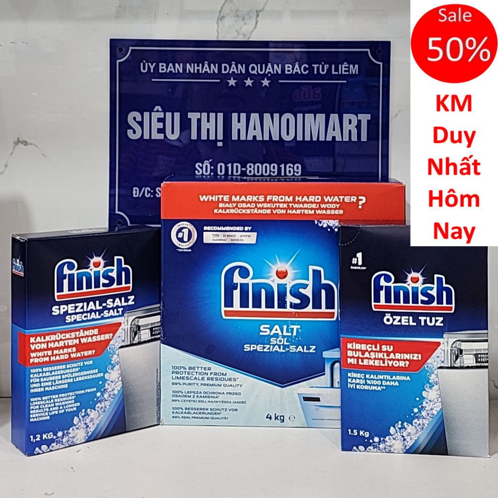 Muối rửa bát Finish 4kg, muối finish 1.5kg, muối làm mềm nước finish 1.2kg dùng cho máy rửa chén, fi