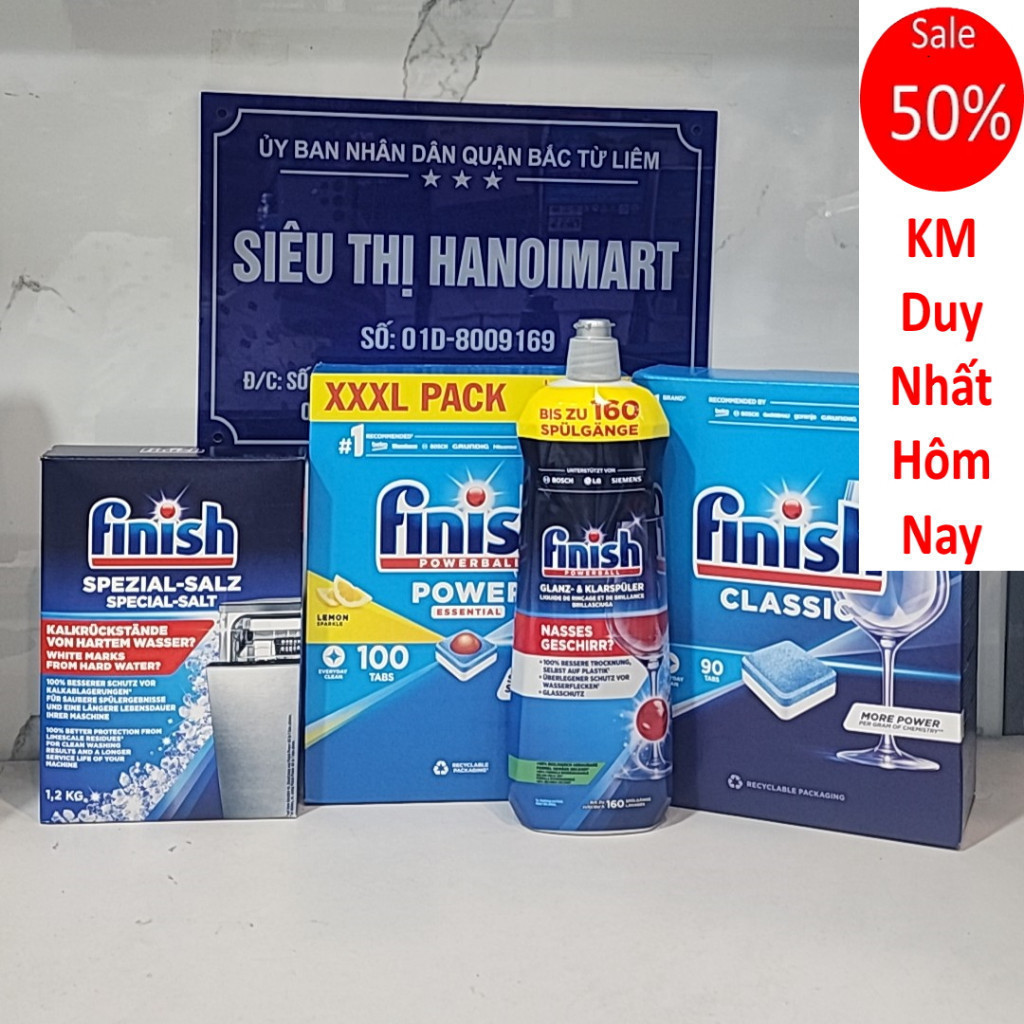 Combo rửa bát Finish Hộp Classic 90V hoăc 100 viên All in 1, Muối finish 1.2kg, Nước làm bóng 400ml