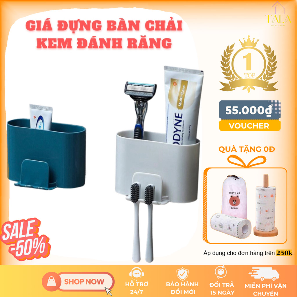 Giá Đựng Bàn Chải Đánh Răng TALA, Cốc Đánh Răng, Kem Đánh Răng Có Móc Treo Sử Dụng Miếng Dán Không C