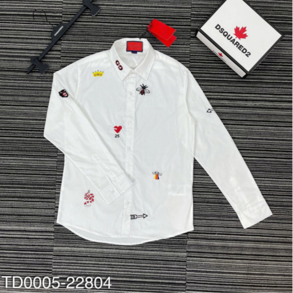 Áo sơ mi trắng nam dài tay DSQ vải lụa thô thêu logo sticker chó ong pitbull lá dứa ICON boy phố 2025