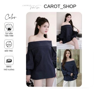 VN21 ( có bigsize) Áo kẻ sọc xanh than trễ vai tay bồng by CarrotShop ( BẦU CÓ THỂ MANG ĐƯỢC )