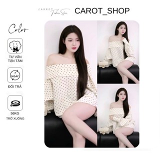 VN22 ( có bigsize) Áo kem chấm bi trễ vai tay bồng sang chảnh by CarrotShop ( BẦU CÓ THỂ MANG ĐƯỢC )