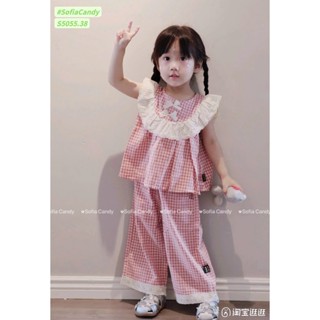 S5055 - Set bộ Sofia Candy kẻ caro hồng đính nơ trắng + quần dài bé gái size 1-10y