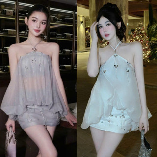 Set Áo Cổ Yếm Kèm Chân Váy Đính Đá Bánh Bèo MELLYSTORE Cao Cấp Đẹp Quyến Rũ ,Sang Trọng  Đầm Thiết Kế