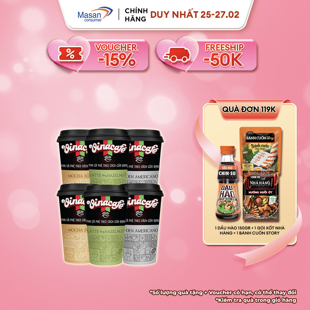 Combo 6 ly Vinacafé 3 vị (Americano + Hazelnut Latte + Mocha)