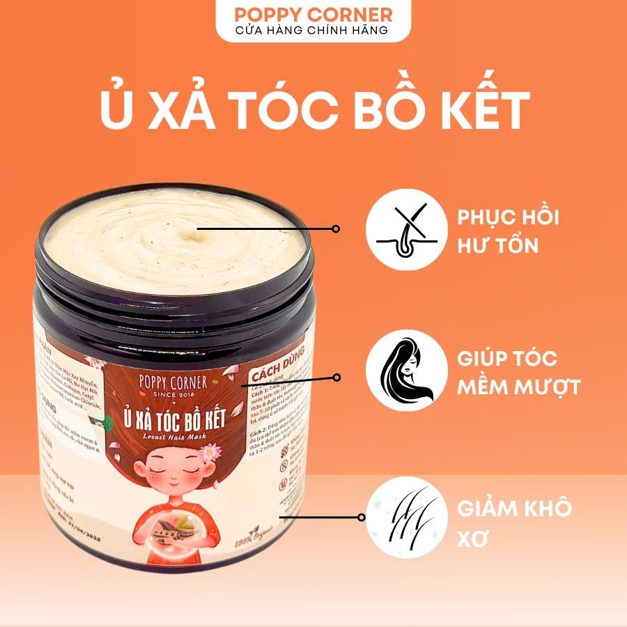 Ủ Tóc Bồ Kết Dầu Xả thảo dược kem ủ dưỡng tóc thơm dầu ủ thiên nhiên phục hồi tóc hư tổn giảm khô xơ Poppy Corner