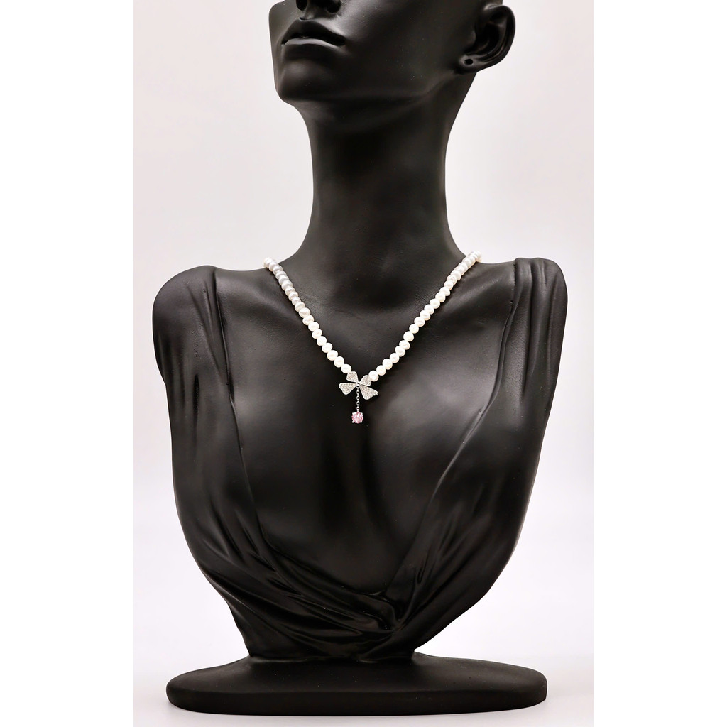 DC335 - Dây chuyền ngọc trai nước ngọt sang trọng, trai 5-6 li, dài 42- 44 cm mặt nơ trắng .Forever 