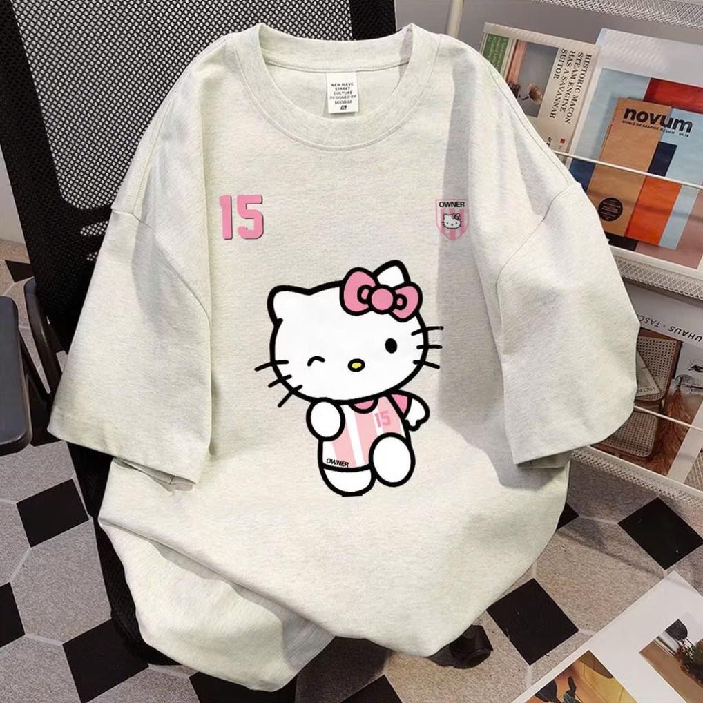Áo phông nữ xám tiêu dễ thương Hello Kitty mùa hè áo thun form rộng lửng tay ngắn vintage cổ tròn AUT