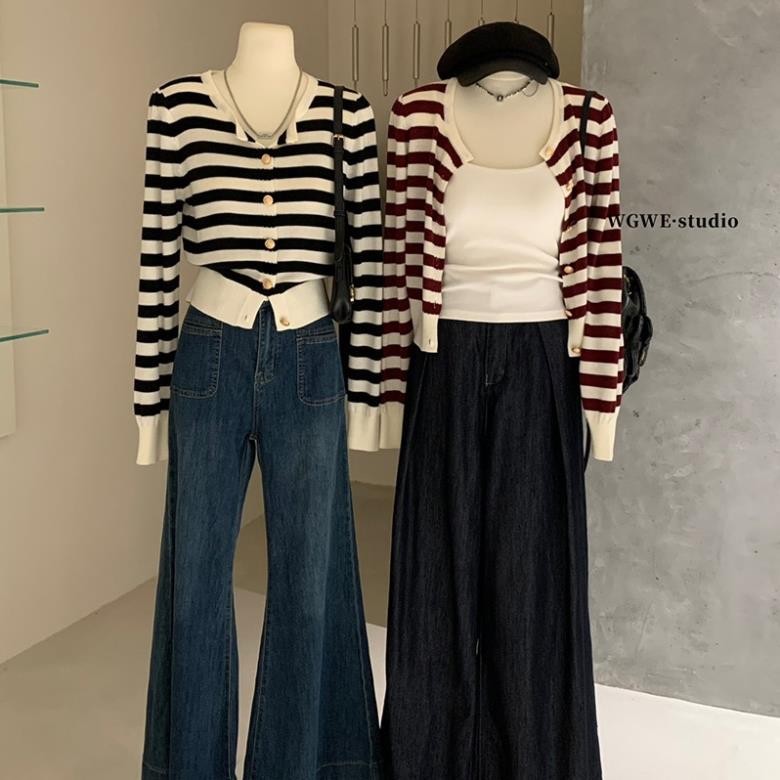 Áo cardigan len nữ WG.WE Form ôm nhẹ Thu Đông Kẻ sọc ngang Áo len cardigan nữ Ôm dáng Sọc ngang Giữ 