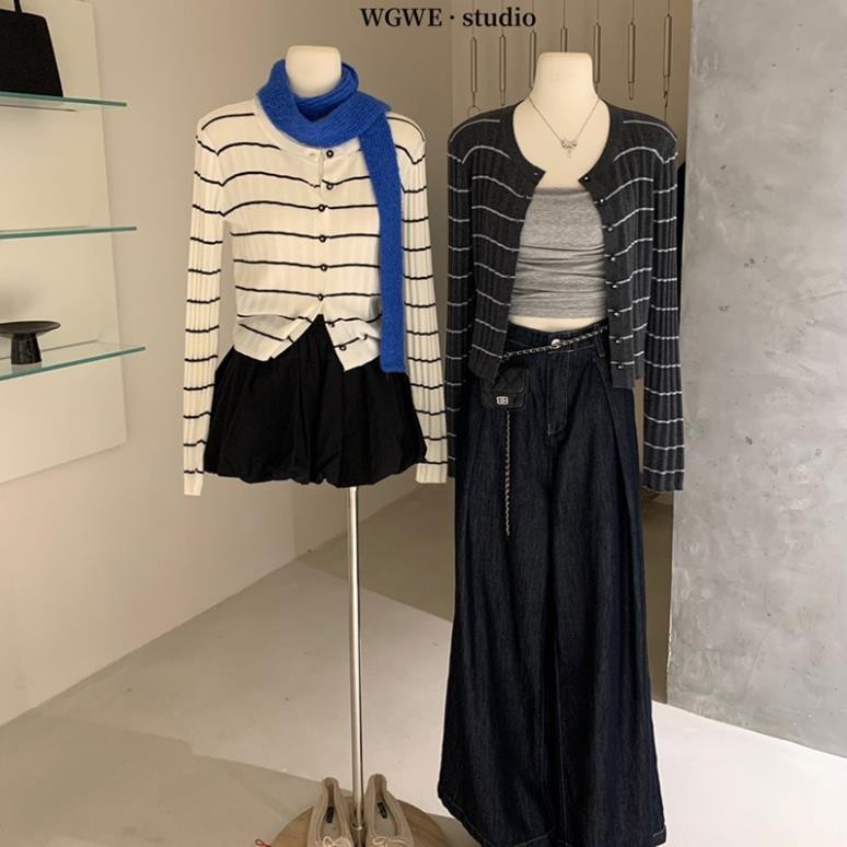 Áo len cardigan nữ WG.WE Kẻ sọc ngang Tay dài Thu Đông Áo cardigan len dệt kim nữ Sọc ngang Dài tay 
