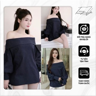 ( có bigsize- chuẩn L1 ) Áo trễ vai tay bồng xanh kẻ sọc by Tường Vy Shop