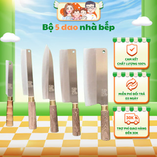 Bộ 5 dao chặt thép Nhật trắng không gỉ - Cán gỗ muồng + tặng thớt gỗ size 22