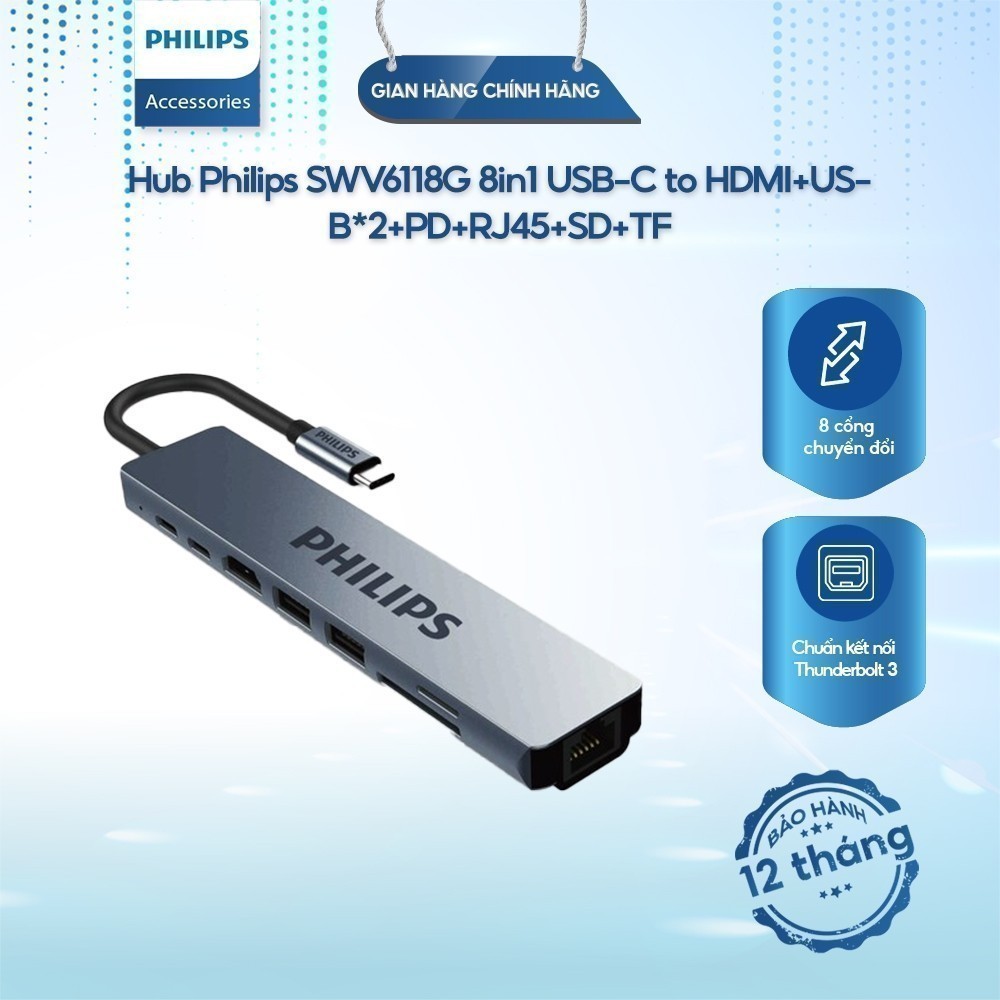 Hub Philips SWV6118G 8in1 USB-C to HDMI+USB*2+PD+RJ45+SD+TF