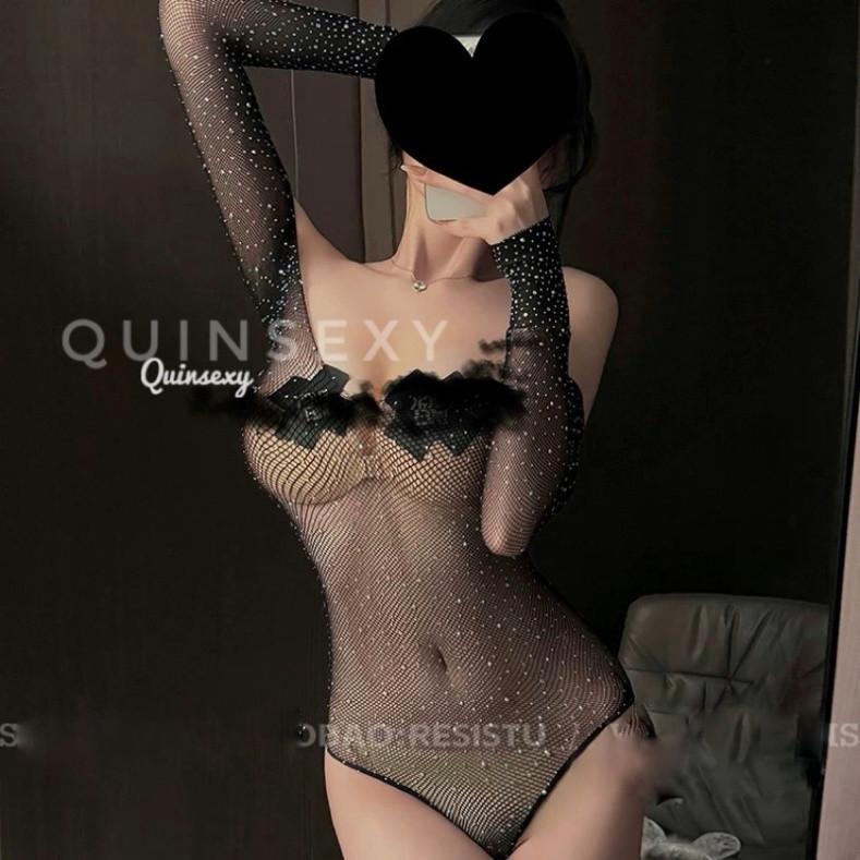 Bodysuit Nữ Co Giãn Quyến Rũ Kiểu Dáng Bodystocking Đính Đá Dài Tay Đồ Ngủ Nữ