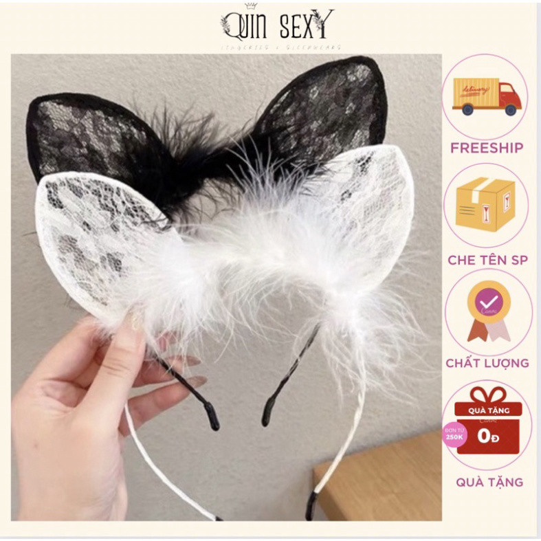 Bờm Băng Đô Tai Mèo Ren Đen và Trắng, Phụ kiện Cosplay Đồ Ngủ Nữ