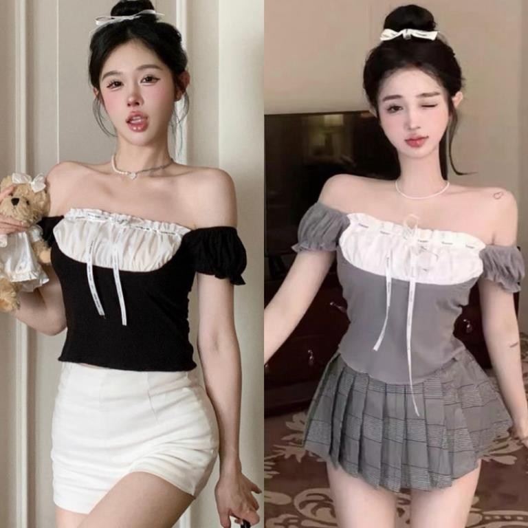 ÁO KIỂU BẸT VAI PHỐI YẾM VIỀN DÂY CỘT NƠ SIÊU MÁT H70