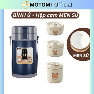 Hộp cơm giữ nhiệt BÌNH Ủ MEN SỨ MOTOMI, giữ nhiệt 10-15h, chất liệu an toàn, quay lò vi sóng, chống tràn