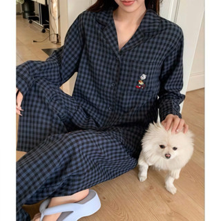 Đồ Ngủ Pyjama Mặc Ở Nhà Hoạt Hình Mickey Dành Cho Nam Nữ Mùa Xuân và Mùa Thu Đồ Ngủ Hai Chiếc Rộng Rãi Kẻ Sọc Dài Tay