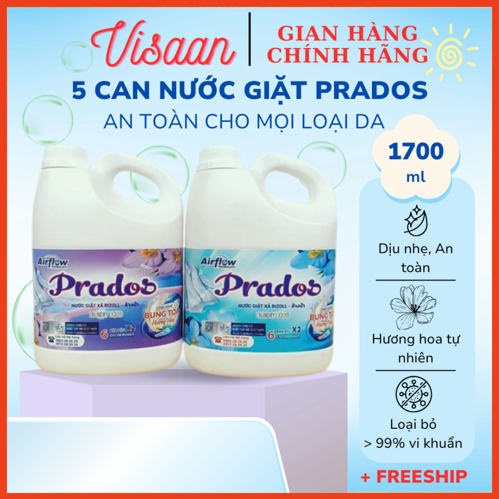 [COMBO 5 CAN] Nước giặt xả Prados M 5x1700ml, nước giặt đậm đặc, lưu hương dài lâu, an toàn cho da
