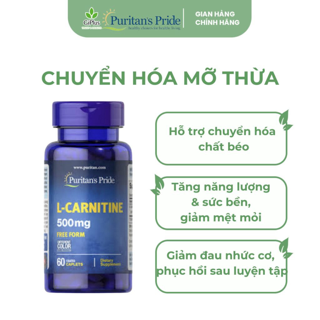 Viên Uống Hỗ Trợ Chuyển Hóa Mỡ Thừa, Tăng Cường Năng Lượng Puritan's Pride L-Carnitine 500mg