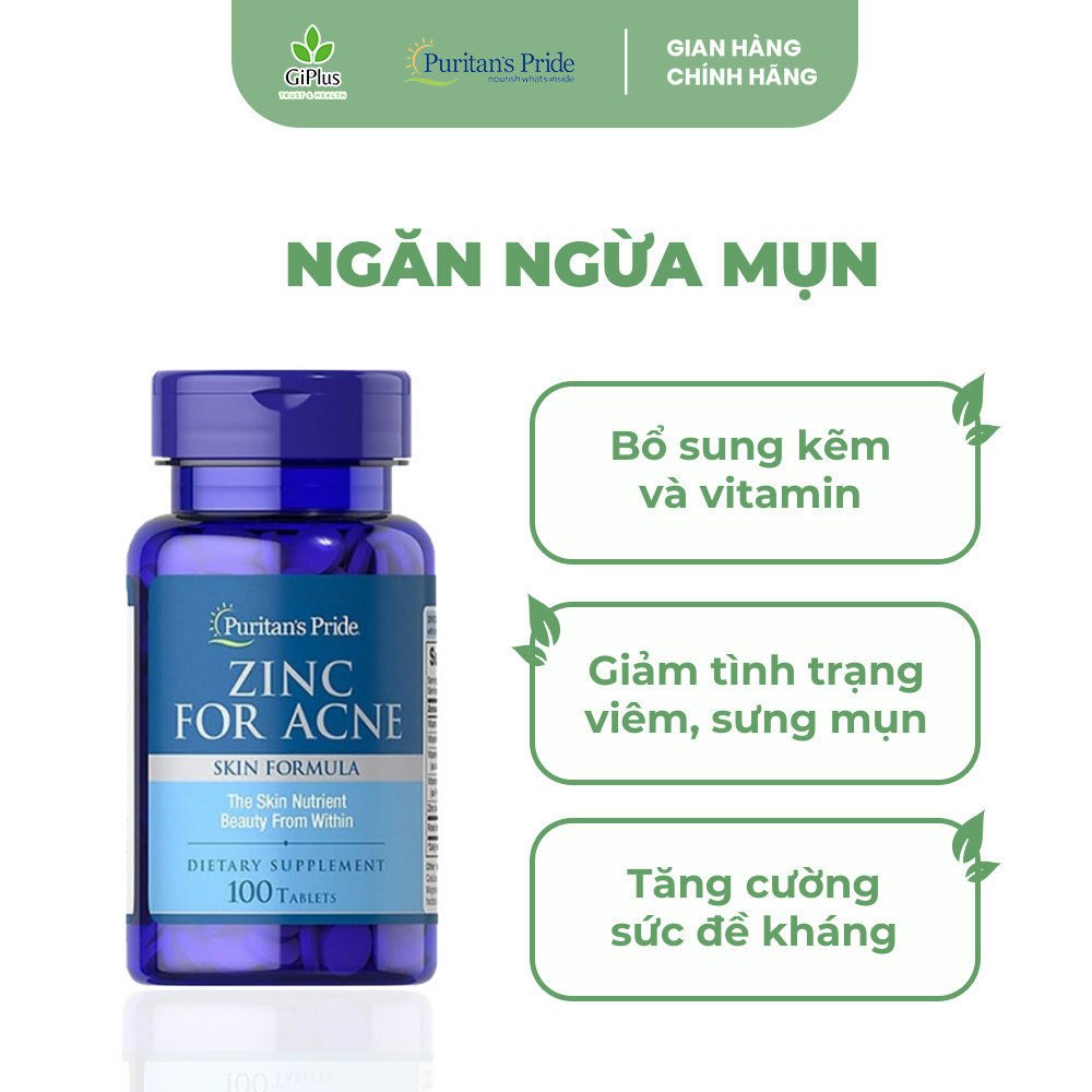 Viên Uống Bổ Sung Kẽm, Ngăn Ngừa Mụn Puritan’s Pride Zinc For Acne (100 Viên/Lọ)