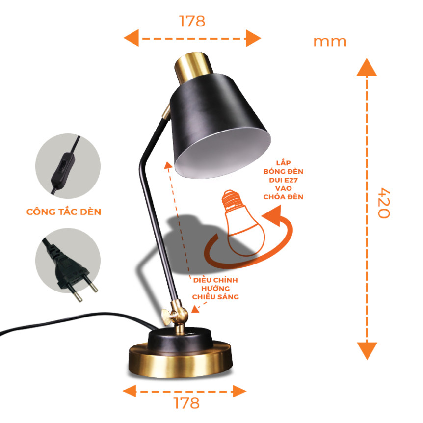 Đèn bàn E27 cổ điển sang trọng Nanoco model NDKC04IB (không bóng) + tặng kèm 1 bóng Led bulb đui E27