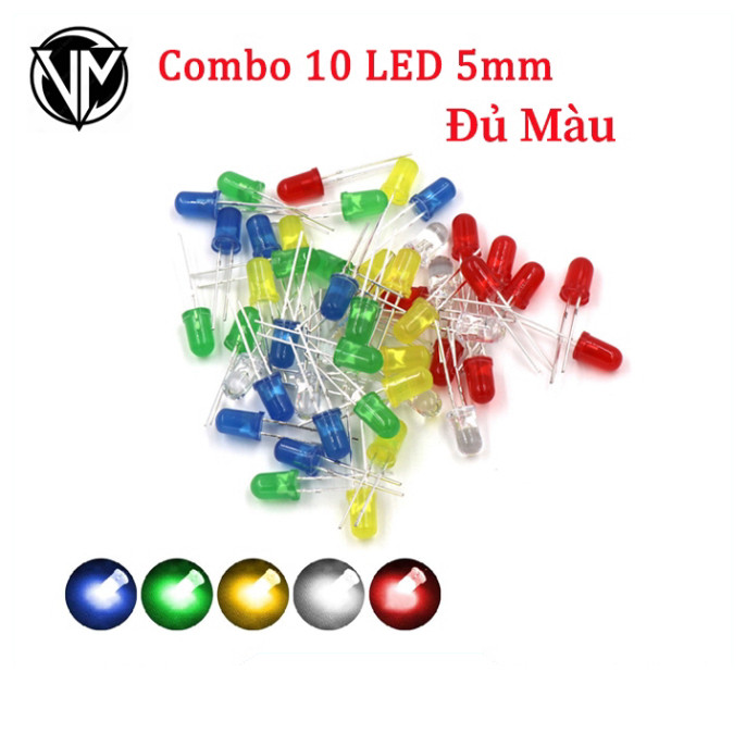 Combo 10 con - LED 5mm màu ánh sáng Đỏ, Xanh Lá, Xanh Dương, Vàng
