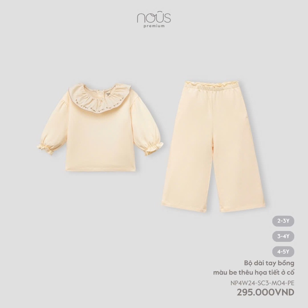 (2Y-4Y) NOUS - Bộ dài tay bồng màu be thêu họa tiết ở cổ-2Y 3Y 4Y - SS24.T8A - ZZ