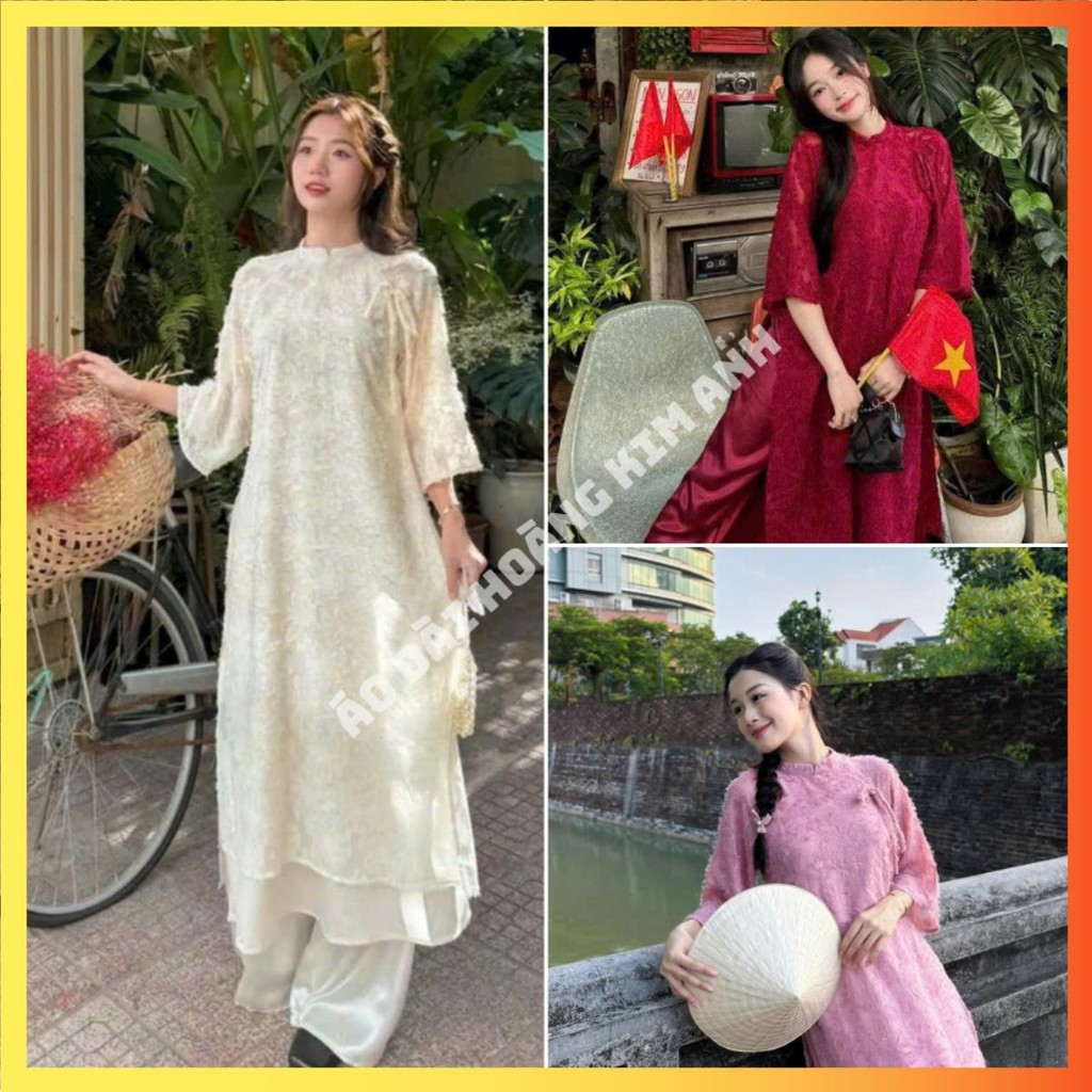 ÁO DÀI CÁCH TÂN NỮ 4 TÀ VẢI LỤA LÔNG VŨ DÁNG SUÔNG TAY LỠ ĐÍNH NƠ MẶC TẾT LỄ CƯỚI DỰ TIỆC MÀU ĐỎ HỒN