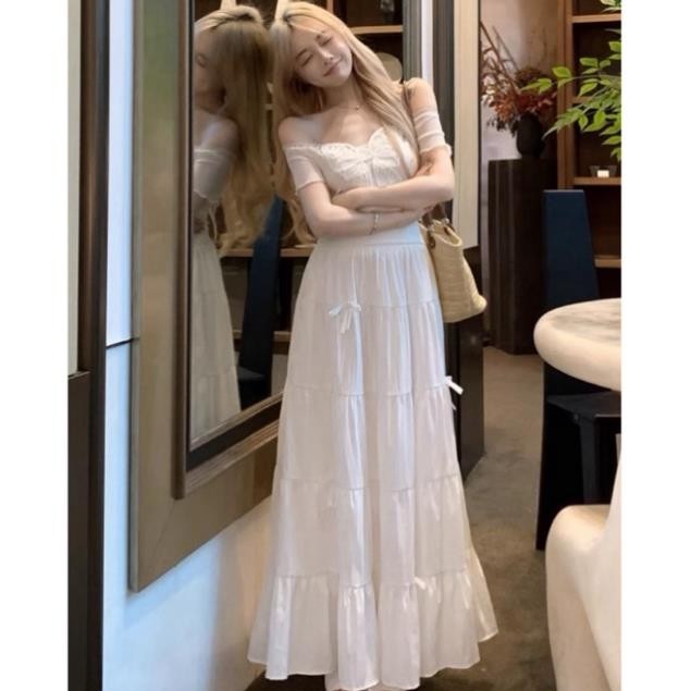 CHÂN VÁY DÁNG DÀI MIDI XOÈ ĐÍNH NƠ SIÊU HOT HIT V2NOO