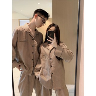  627_Bộ ngủ đôi pijama nam nữ dài tay hoạ tiêt kẻ sọc nâu đen chất cotton | 9scat | Hàng QCCC 