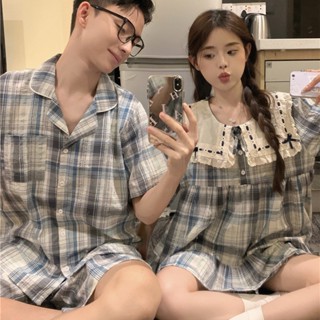 446_ Bộ ngủ đôi, pijama nam nữ ngắn chất cotton kẻ caro xanh basic | Hàng QCCC | 9scat