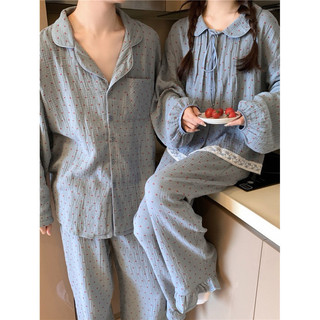   SẴN  650_Bộ ngủ nam nữ pijama đôi dài ngắn muslin hoạ tiết hoa nhí màu xanh | 9scat | Hàng QCCC 