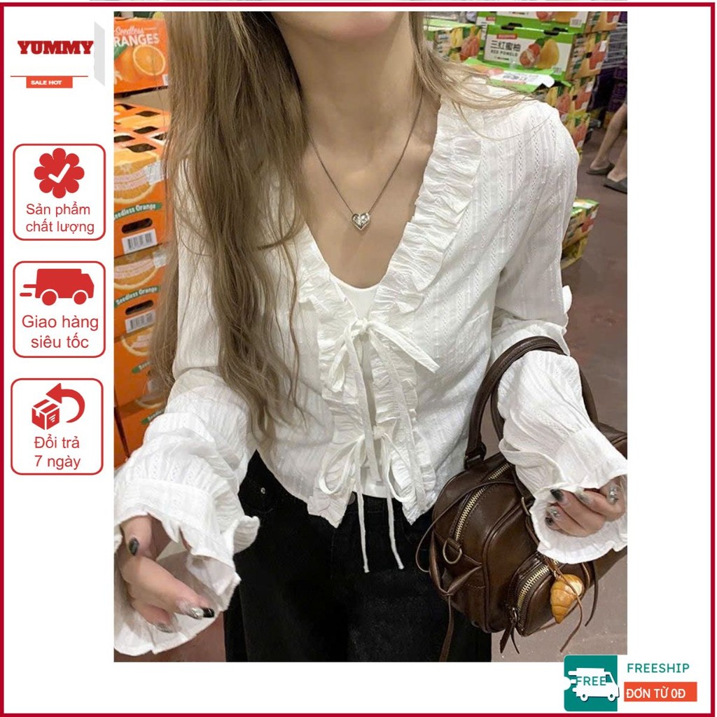 [S15] Áo sơ mi kiểu cổ chữ V viền bèo Yummy kiểu Pháp, Sơ mi dài tay thắt nơ trắng dịp hàng ngày