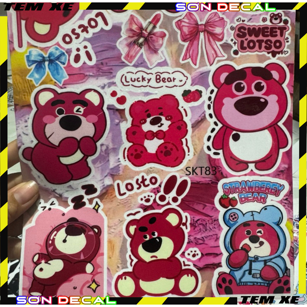 Set sticker tem dán decal gấu dâu SKT83 trang trí xe máy, xe điện mọi vị trí nhãn dán