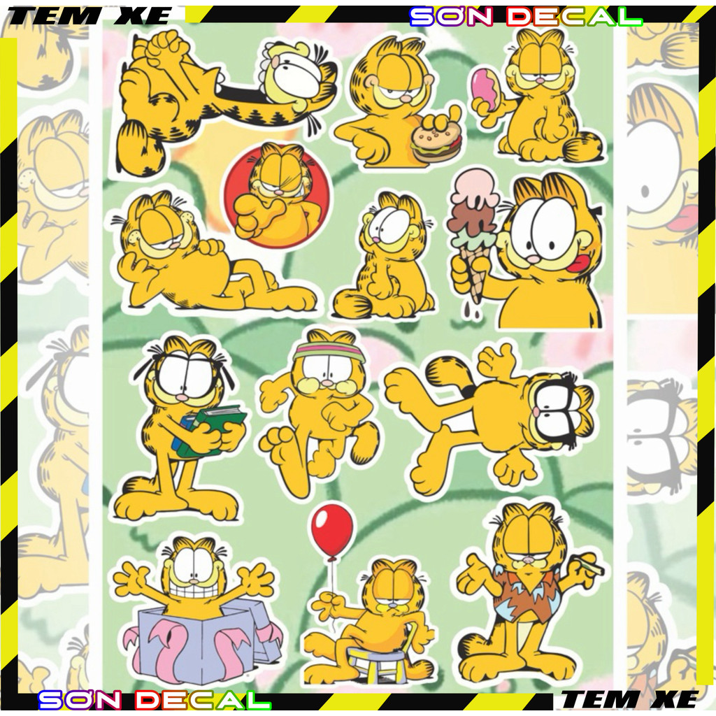 Tem Dán Sticker Nhãn Dán Decal Mèo Garfield Dán Trang Trí Xe Máy Xe Điện Bàn Học Máy Tính Tủ Lạnh De