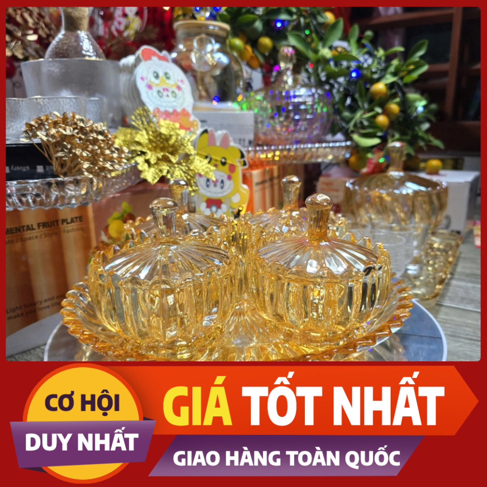 Bộ 4 và 6 Thố Thuỷ Tinh Đựng Mứt Tết Hũ Thuỷ Tinh Ca Sỹ Pha Lê Đựng đồ ngọt Kèm Khay Thủy Tinh