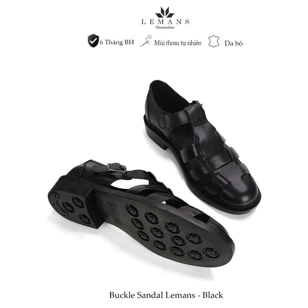 Dép rọ nam Da bò Buckle Sandal BK01 Lemans - Black - đế Mckay cao 2.2cm bảo hành chính hãng 24 tháng