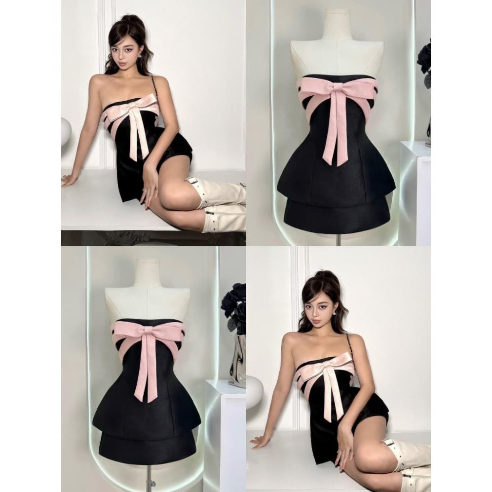 Set váy cup ngực phối nơ, set áo cup ngực chân váy thắt nơ, đầm cup ngực dáng ngắn