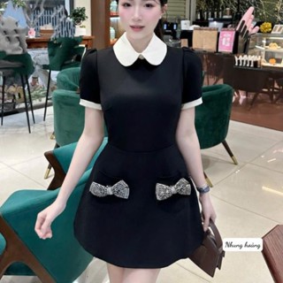 váy tiểu thư sang chảnh,váy thiêt kế sang chảnh cổ bẻ kèm nơ cao cấp T30