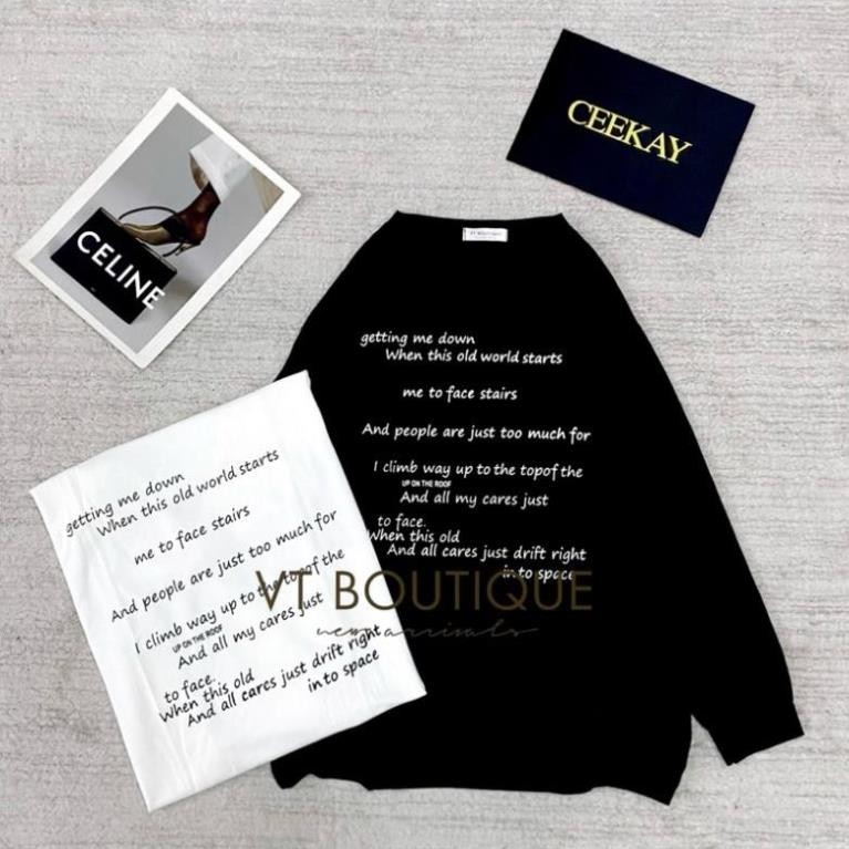 [Ảnh thật] Áo thun cotton giấy form thụng cổ tròn dài tay nữ in CHỮ NHỎ freesize(kèm áo dây) UT